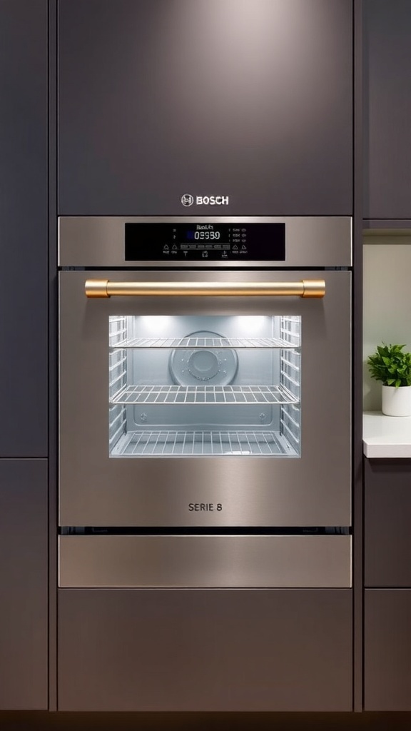 Bosch Serie 8 Oven Overview Bosch Serie 8 oven in a modern kitchen with stainless steel finish and large glass door.